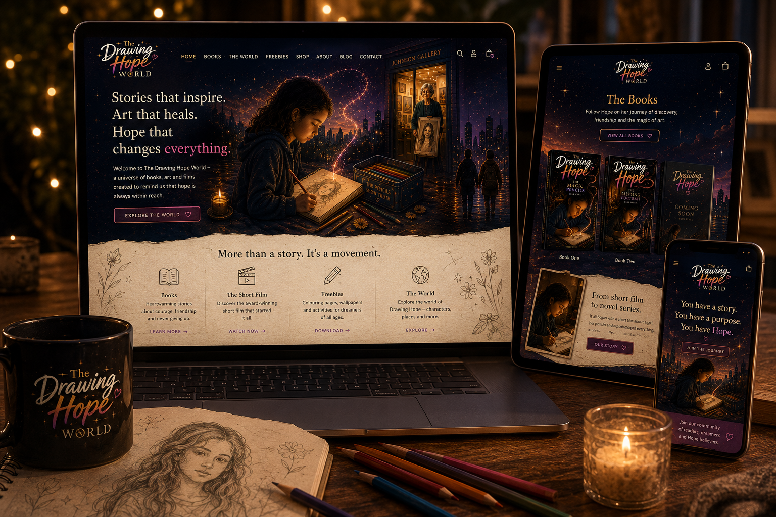 Artist impression of The Drawing Hope World website across laptop, tablet and phone